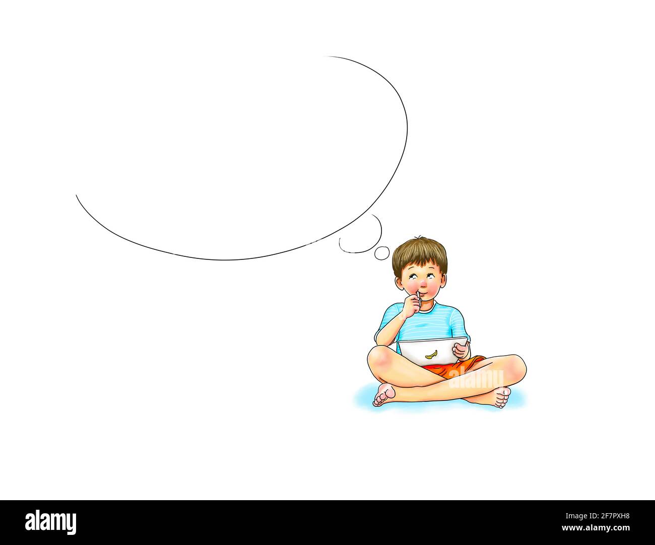 apprentissage numérique, école à la maison, étudiant garçon assis confortablement pieds nus croisés avec une tablette et un stylo, rester à l'intérieur corona pandémique virus corvid Banque D'Images