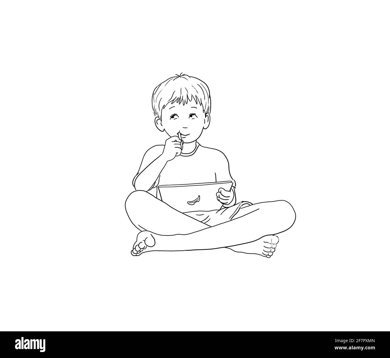 apprentissage numérique, école à la maison, étudiant garçon assis confortablement pieds nus avec une tablette et un stylo, rester à la maison, école à domicile Banque D'Images