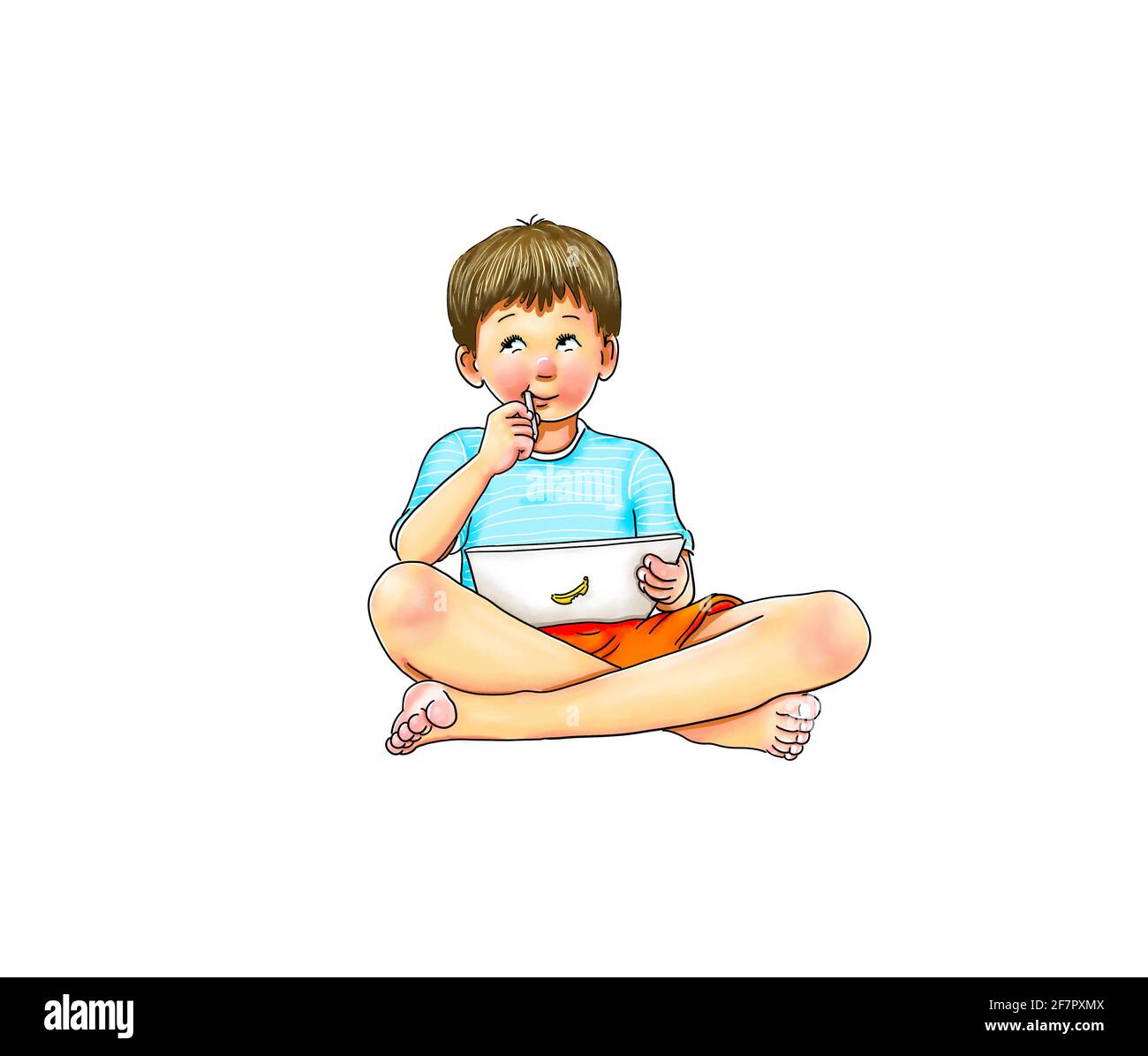 apprentissage numérique, école à la maison, étudiant garçon assis confortablement pieds nus avec une tablette et un stylo, rester à la maison, école à domicile Banque D'Images