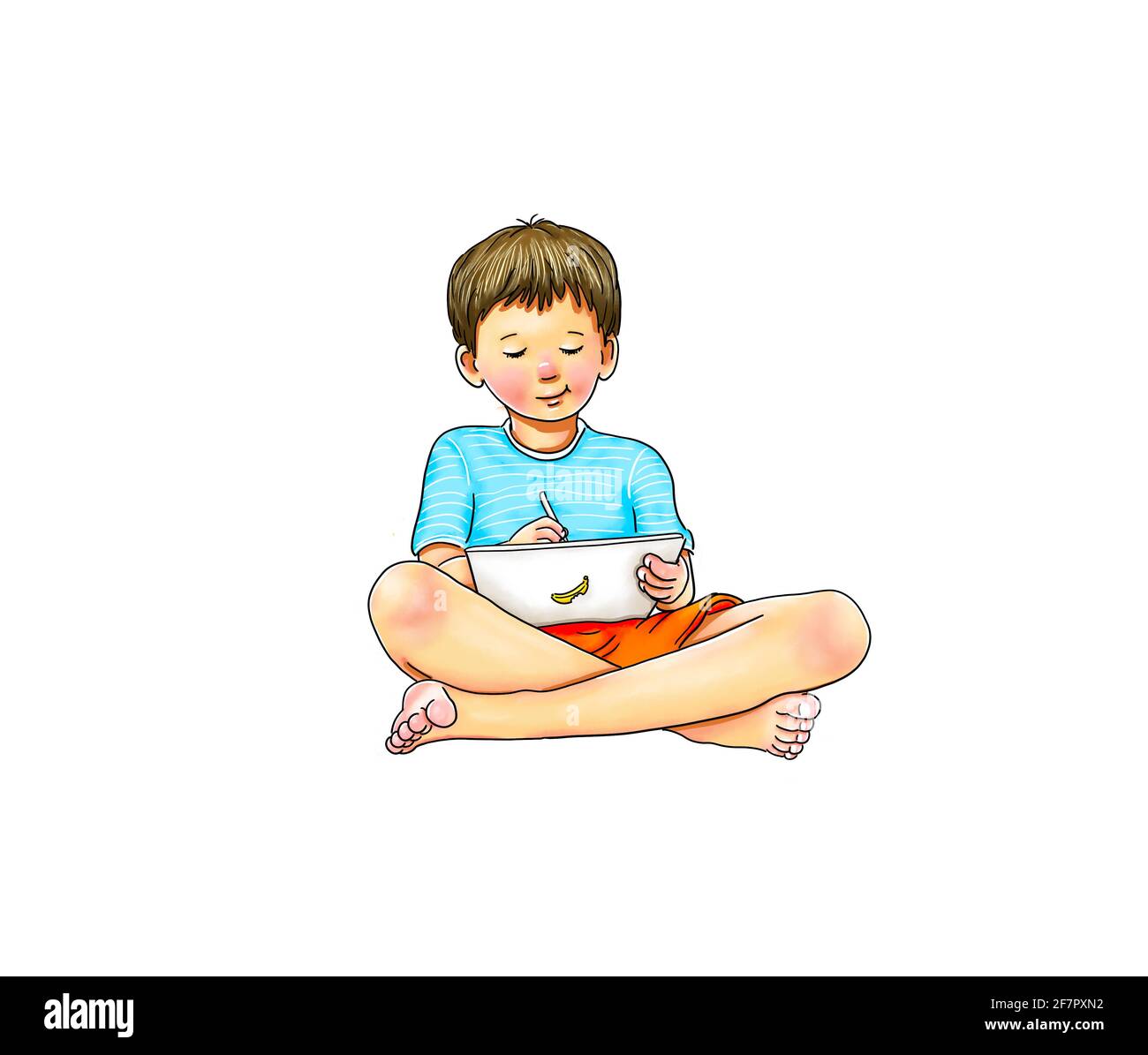 apprentissage numérique, école à la maison, étudiant garçon assis confortablement pieds nus avec une tablette et un stylo, rester à la maison, école à domicile Banque D'Images