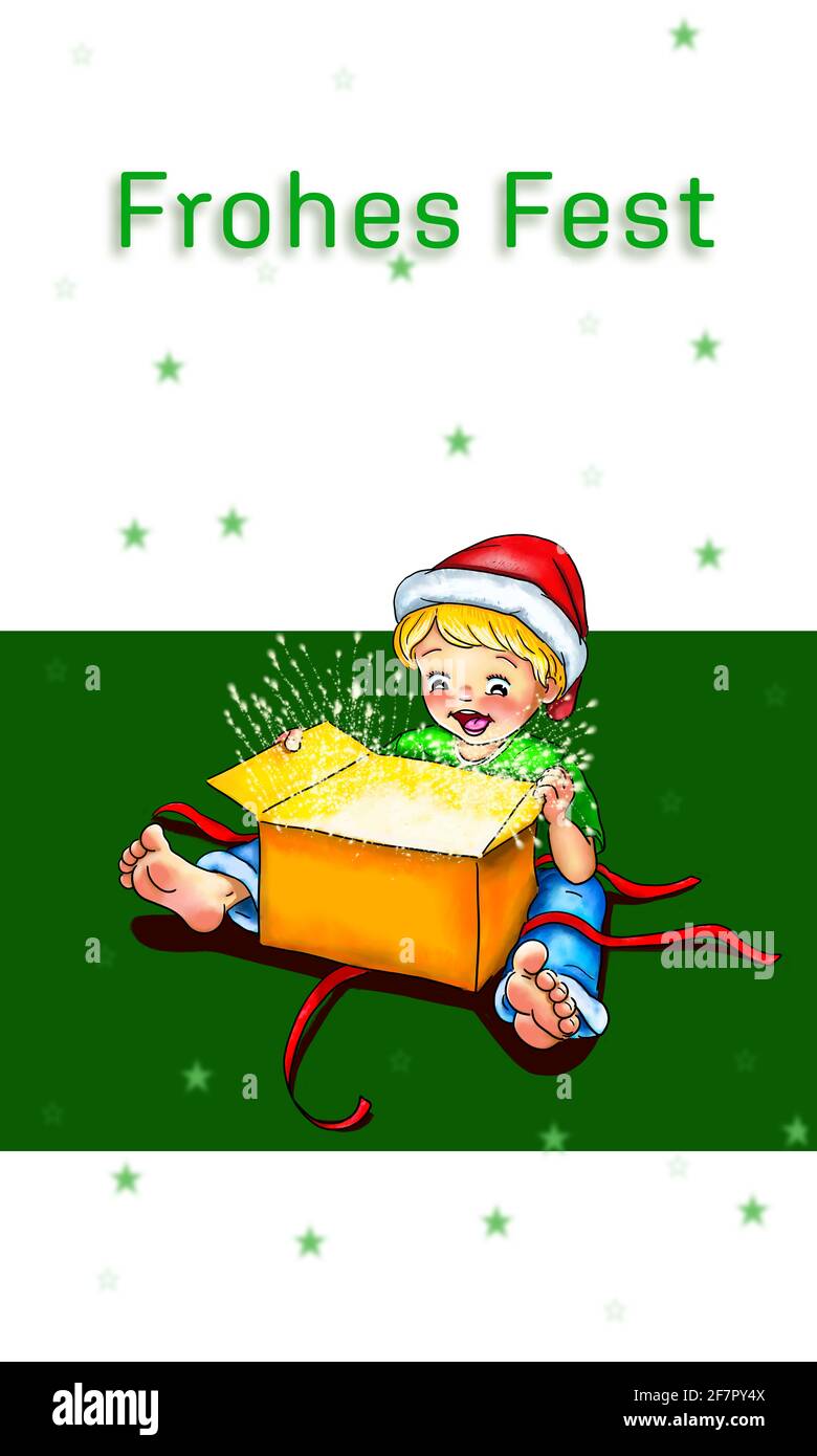 Happy Holidays - carte de Noël, petit garçon allemand avec chapeau de père noël est plein d'excitation surprise devant un cadeau est illuminé Banque D'Images