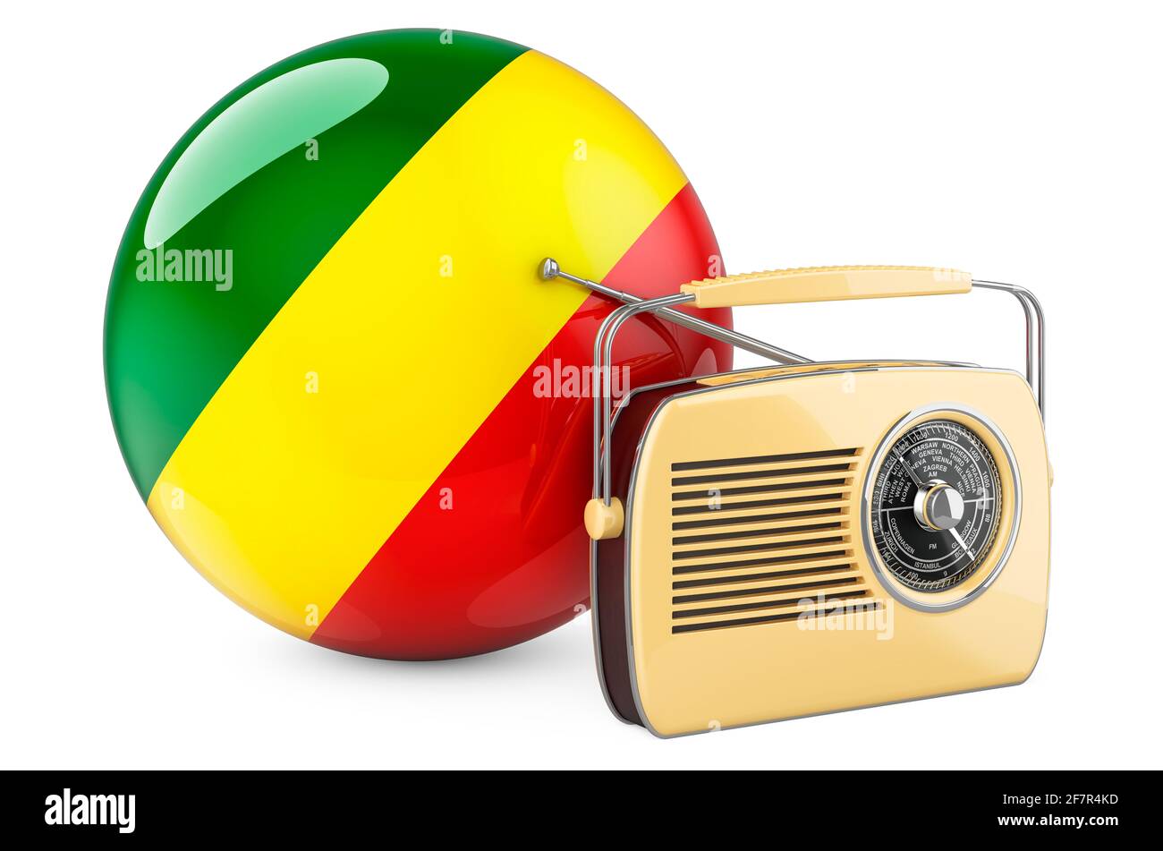 Radio radiodiffusion au Congo concept. Récepteur radio avec drapeau congolais. Rendu 3D isolé sur fond blanc Banque D'Images