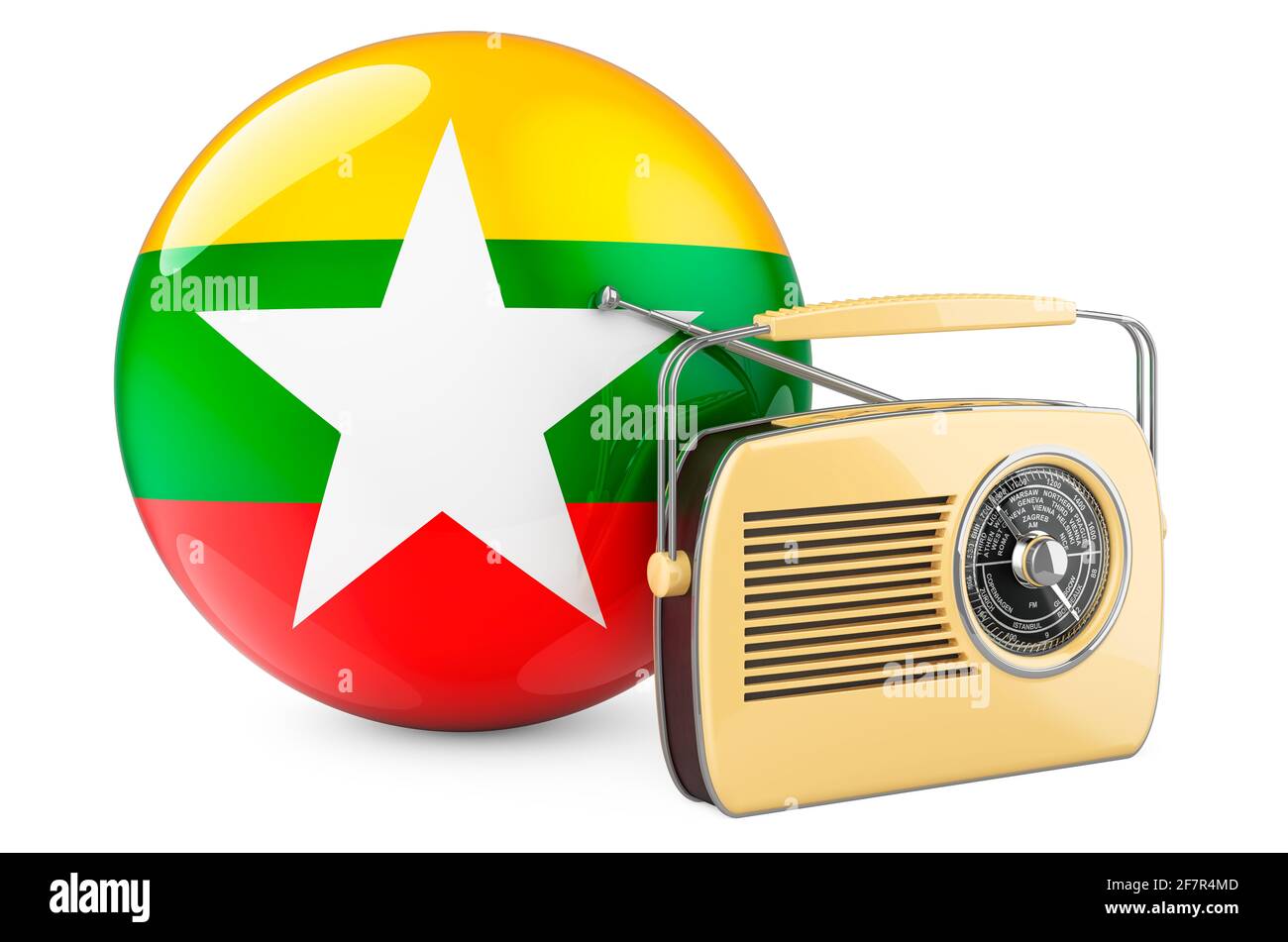 La radiodiffusion au Myanmar concept. Récepteur radio avec alarme Myanmar. Rendu 3D isolé sur fond blanc Banque D'Images