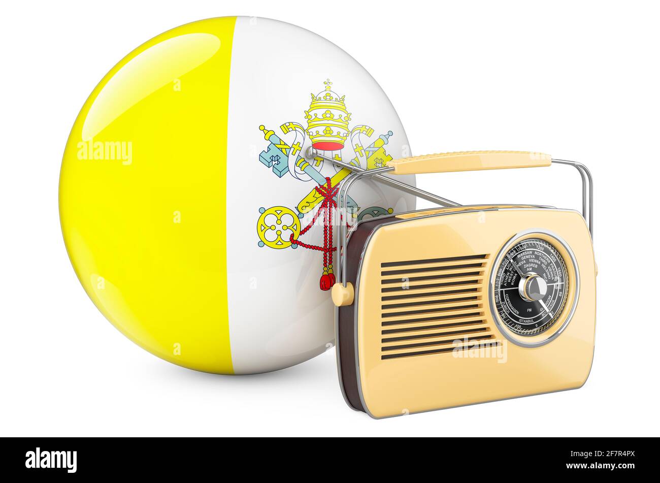 Concept de radiodiffusion au Vatican. Récepteur radio avec drapeau du Vatican. Rendu 3D isolé sur fond blanc Banque D'Images