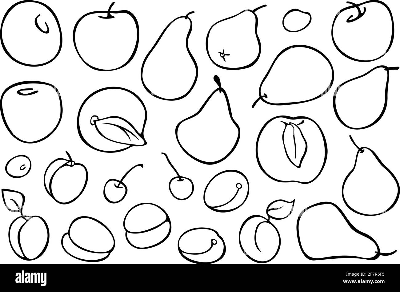 Ensemble grand vecteur avec fruits abricot. Design pour livre de coloriage. Pêche, cerise, prune, abricot, pomme et poire. Illustration de Vecteur