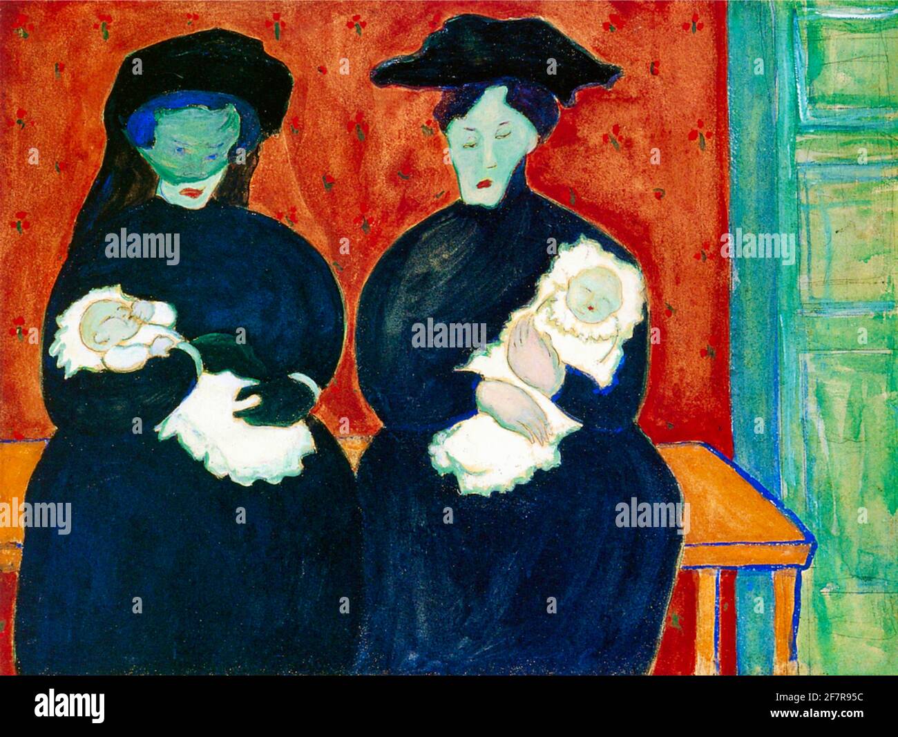 Deux femmes vêtues de noir s'assoient côte à côte avec des babes dans les bras. Oeuvre expressionniste de Marianne von Werefkin intitulée The Twins. Banque D'Images