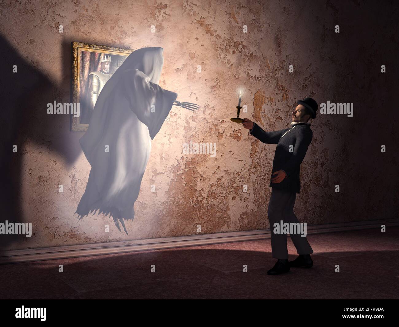 Homme du XIXe siècle confronté à un fantôme Banque D'Images