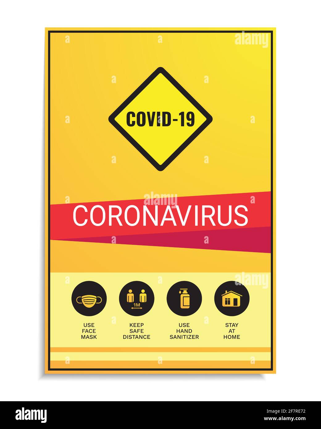 Le dépliant de protection d'une menace de coronavirus comporte un panneau d'avertissement carré avec un acronyme de covid-19 et un ensemble d'icônes. Le concept est la santé. Illustration de Vecteur