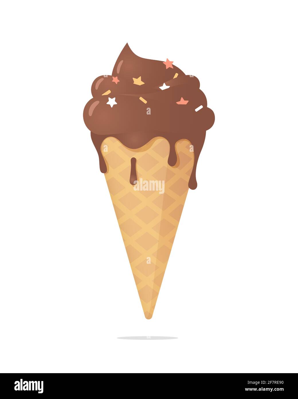 Glace au chocolat fondu dans un cône de gaufre avec une décoration simple dessus. L'illustration vectorielle est isolée sur un fond blanc. Illustration de Vecteur