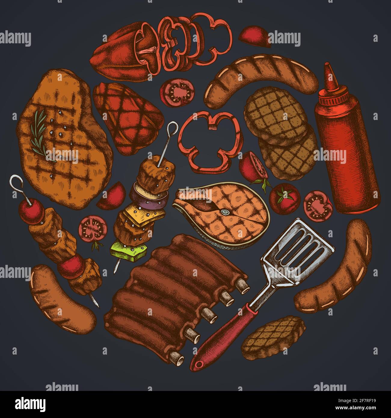 Motif floral rond sur fond sombre avec spatule, côtes de porc, kebab, saucisses, steak, bouteilles de sauce, patties de hamburger grillées, tomates grillées, grillées Illustration de Vecteur