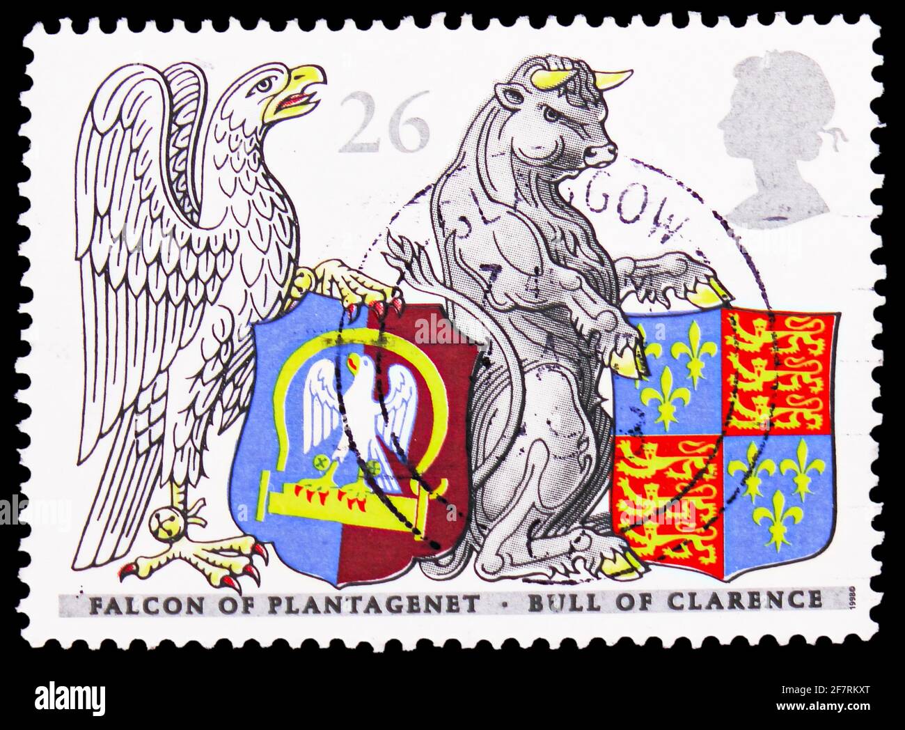 MOSCOU, RUSSIE - 17 JANVIER 2021 : le timbre-poste imprimé au Royaume-Uni montre le Falcon de Plantagenet et Bull de Clarence, le 650ème anniversaire de la Banque D'Images