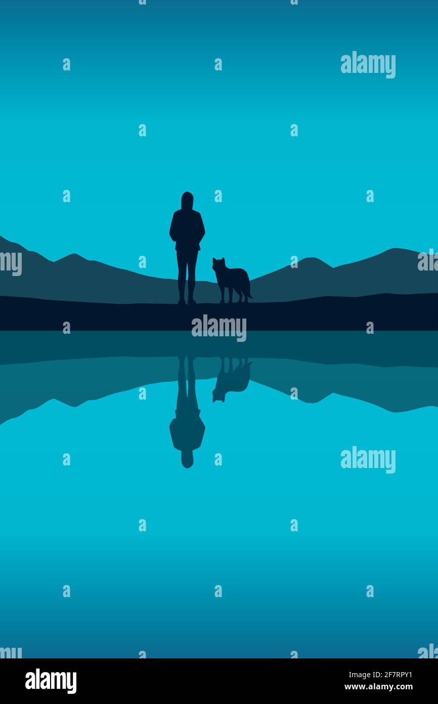 fille et chien au bord du lac dans la nature vecteur Illustration de Vecteur