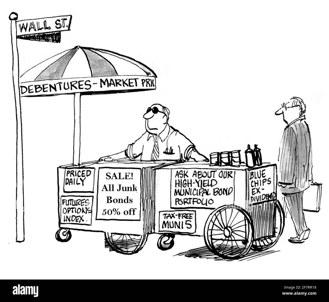 Le courtier en Bourse vend des produits financiers sur un stand de hot dog. Banque D'Images