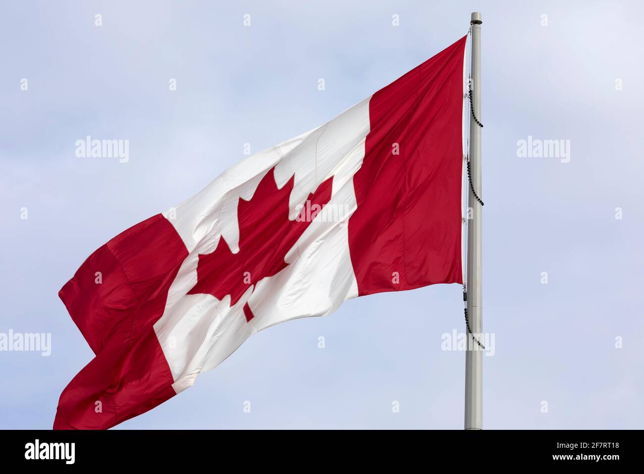 Drapeau canadien de la feuille d'érable sur le mât. Banque D'Images