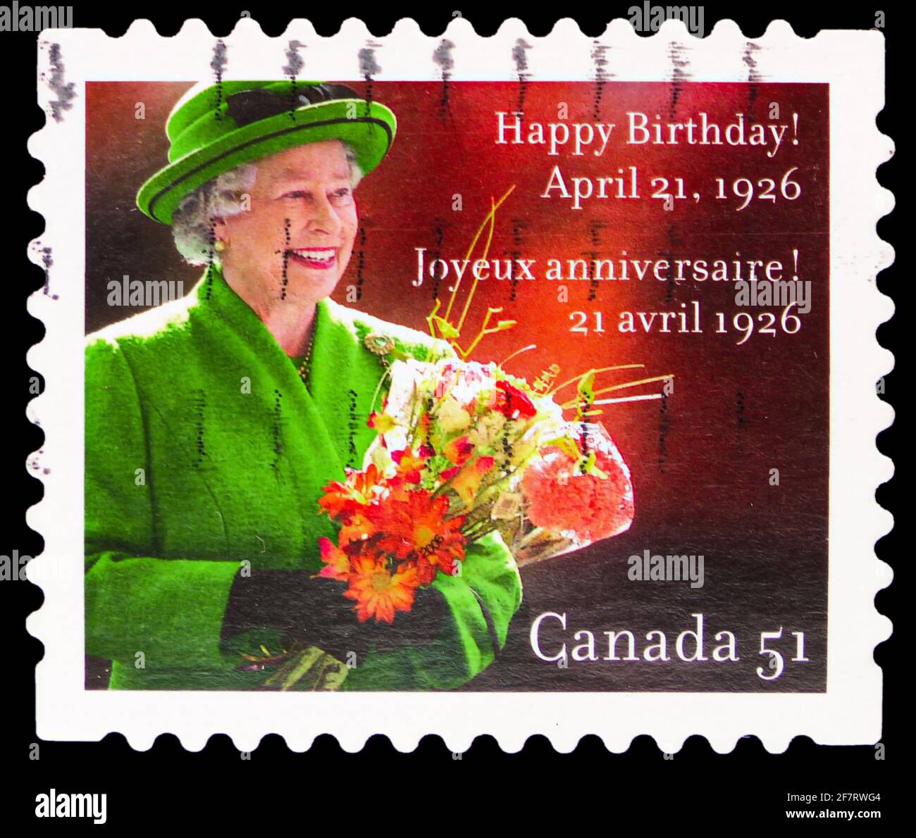 Moscou Russie 17 Janvier 21 Le Timbre Poste Imprime Au Canada Montre La Reine Elizabeth Ii Joyeux Anniversaire 21 Avril 1926 80e Serie D Anniversaire Cir Photo Stock Alamy