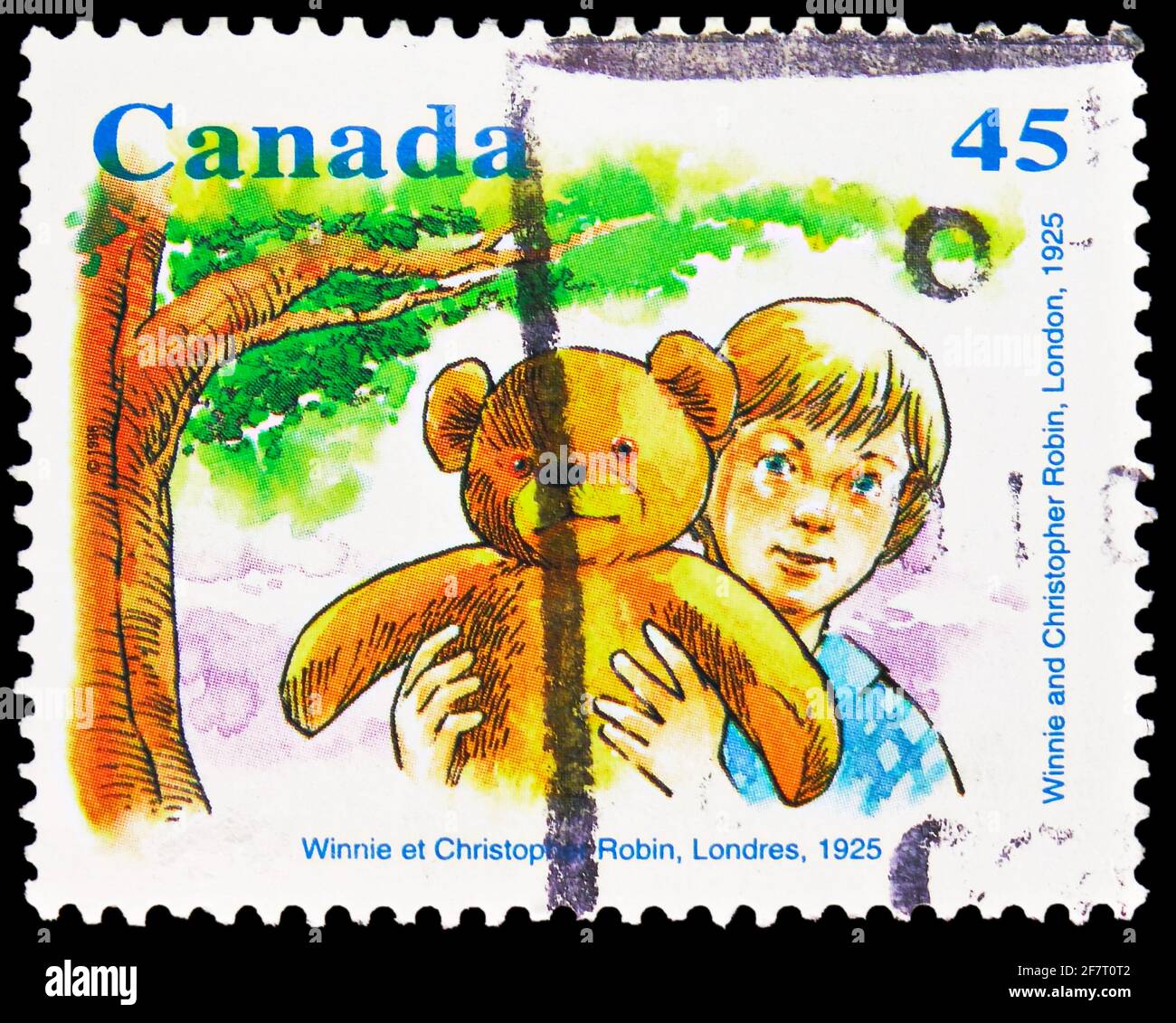 MOSCOU, RUSSIE - le 17 JANVIER 2021 : le timbre-poste imprimé au Canada montre Winnie et Christopher Robin, Londres, 1925, série Winnie l'ourson, vers 1996 Banque D'Images