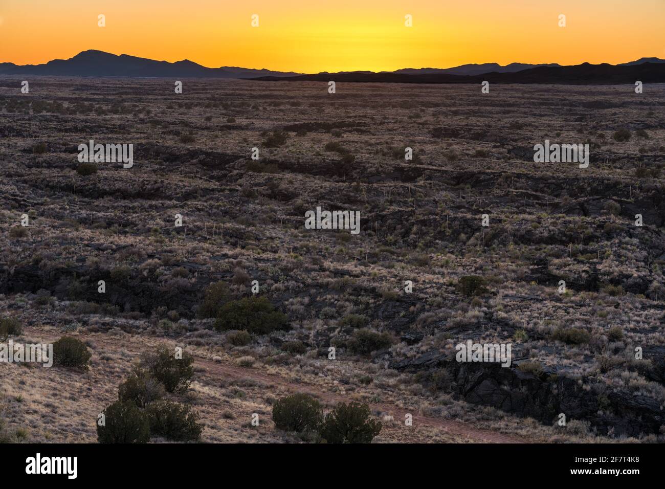 Coucher de soleil sur les champs de lave du terrain de jeux Valley of Fires, Nouveau-Mexique. Banque D'Images