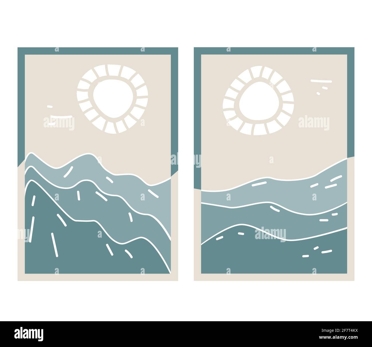 Arrière-plans esthétiques contemporains abstraits avec paysage de montagne, paysage marin. Tons bleu et blanc. Décoration murale boho. Scandinave moderne minimaliste a Illustration de Vecteur