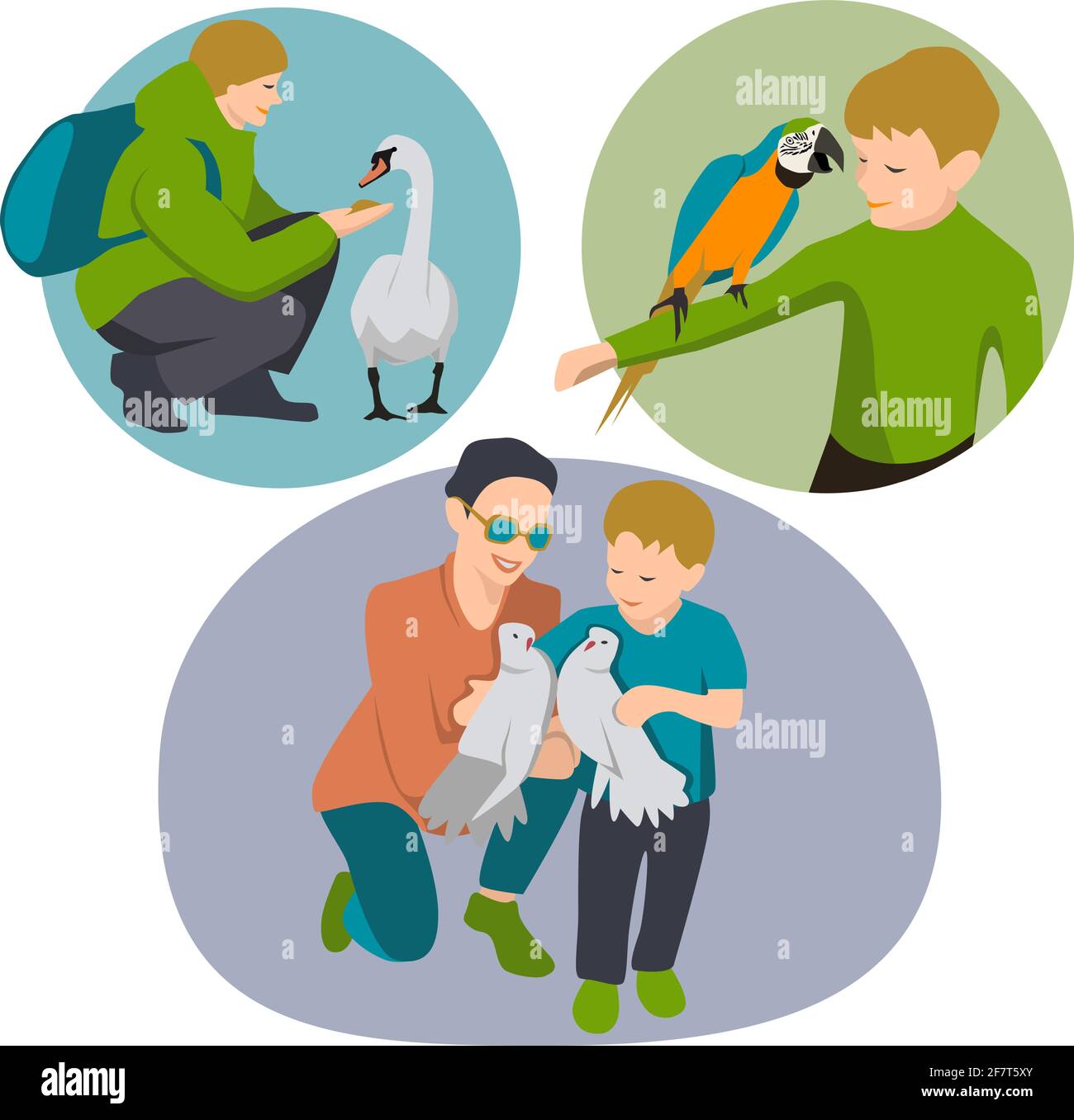 scénario ensemble de personnes heureux adulte et enfants avec différents oiseaux, homme père nourrir l'oie, enfant garçon tient un perroquet de macaw sur sa main, wo Illustration de Vecteur scénario ensemble de personnes heureux adulte et enfants avec différents oiseaux, homme père nourrir l'oie, enfant garçon tient un perroquet de macaw sur sa main, wo Illustration de Vecteur