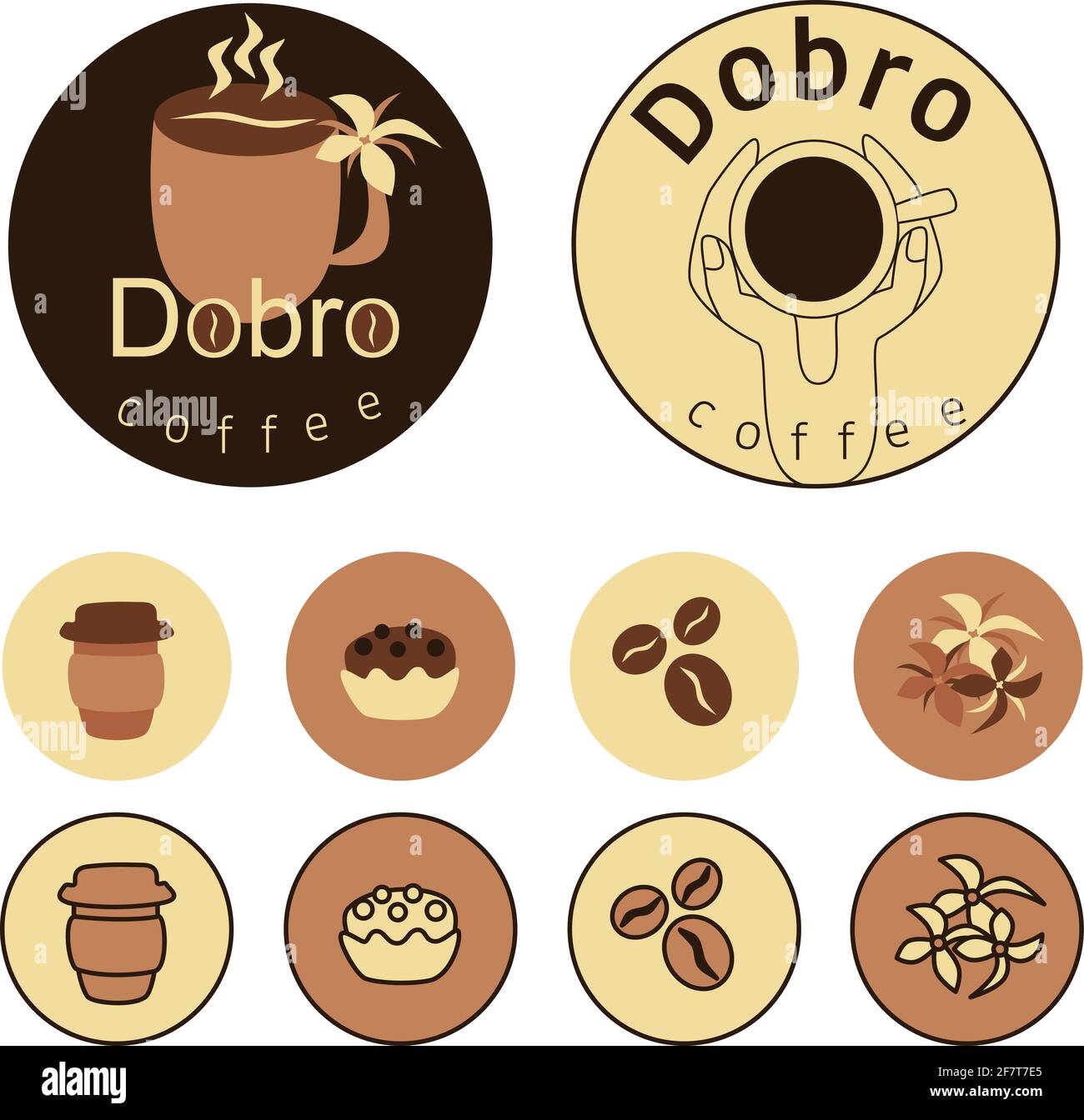 deux variantes d'un logo de coffee shop, des icônes pour les médias sociaux, un site web sur le sujet des boissons, des illustrations vectorielles de gâteaux Illustration de Vecteur