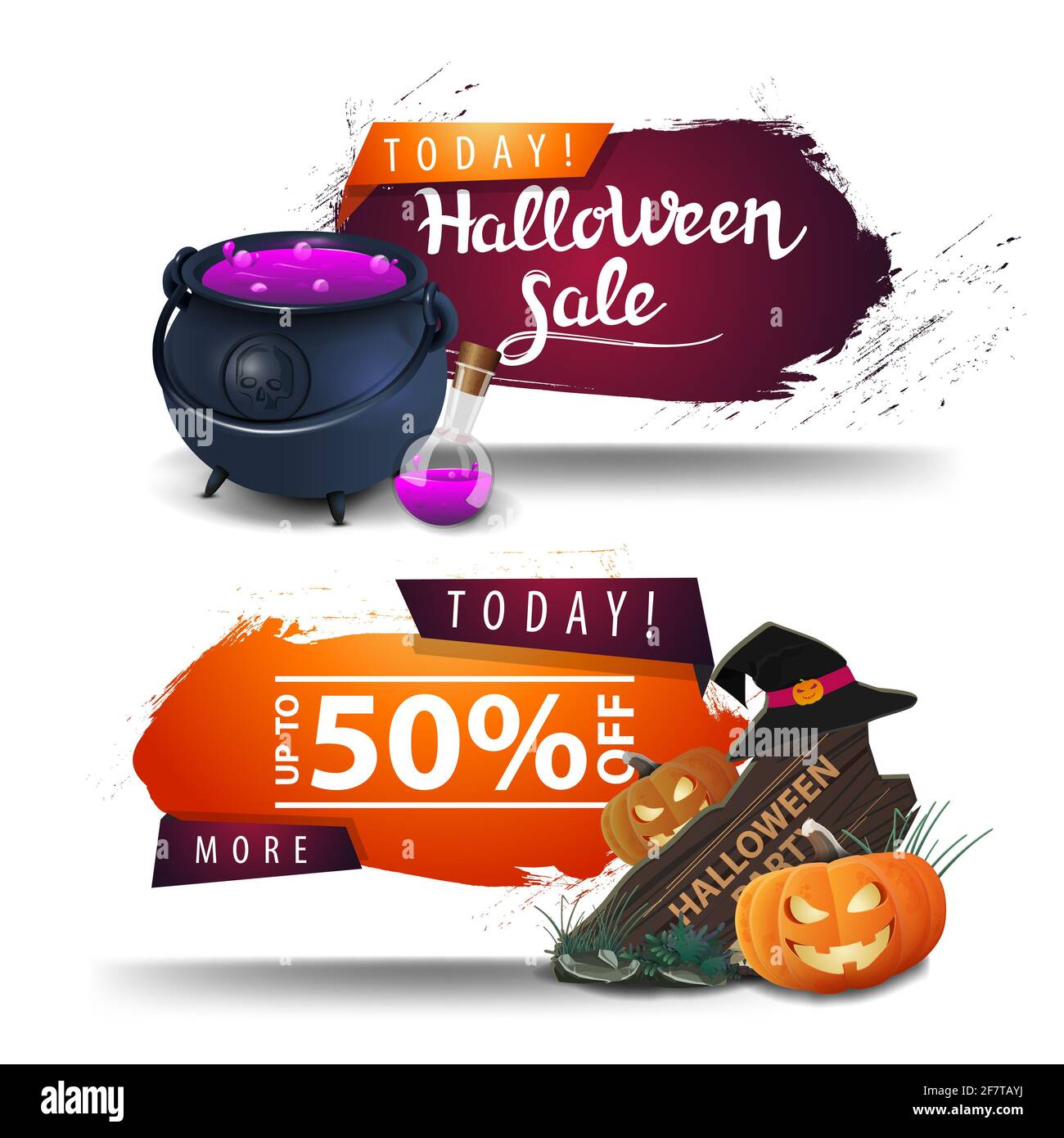 Halloween vente, deux bannières Web de réduction pour votre entreprise avec pot de sorcière, panneau en bois, chapeau de sorcière et citrouille Jack Banque D'Images