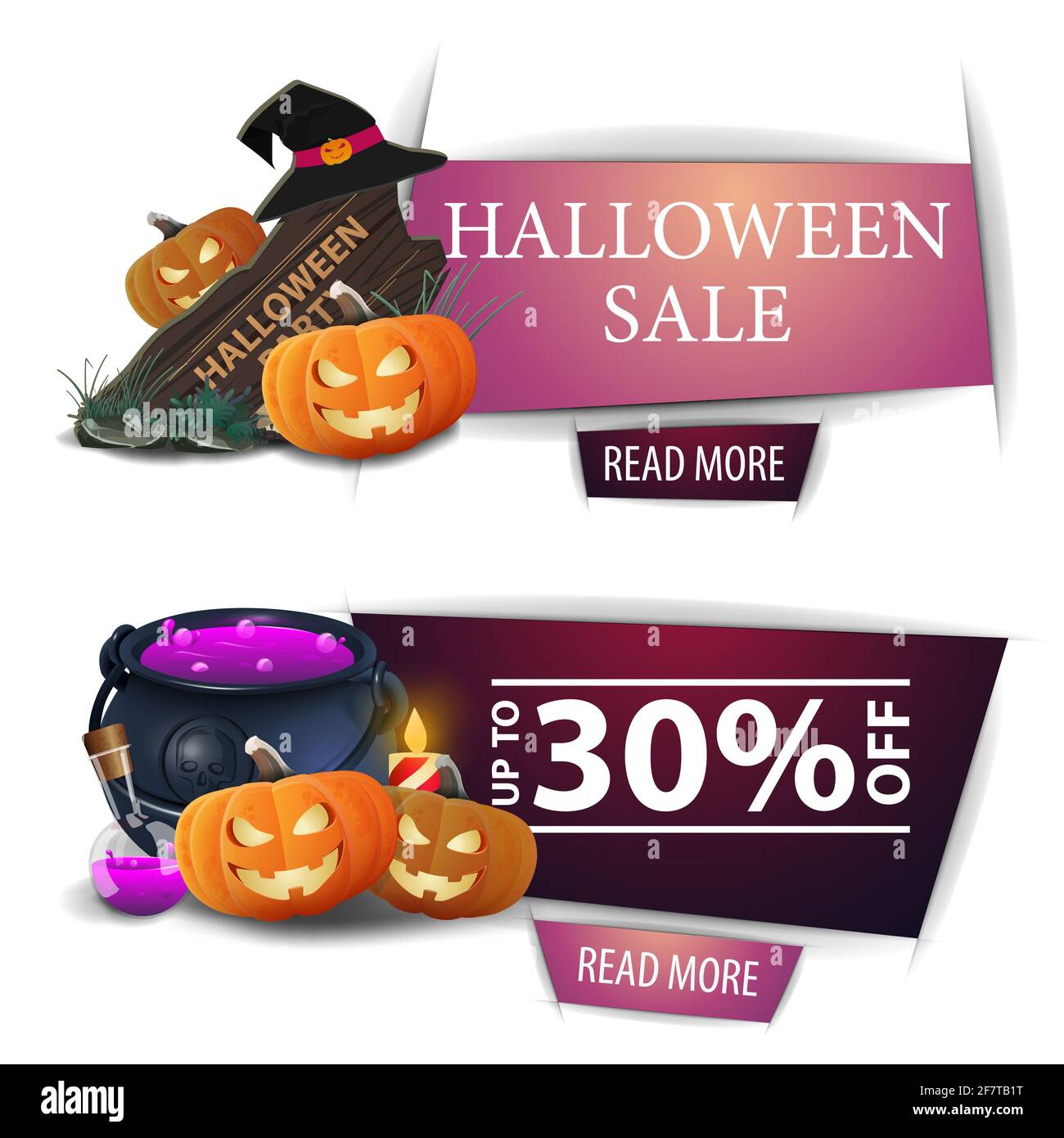 Vente d'Halloween, deux bannières modernes avec bouton, panneau en bois, chapeau de sorcière, pot de sorcière et citrouille Jack Banque D'Images