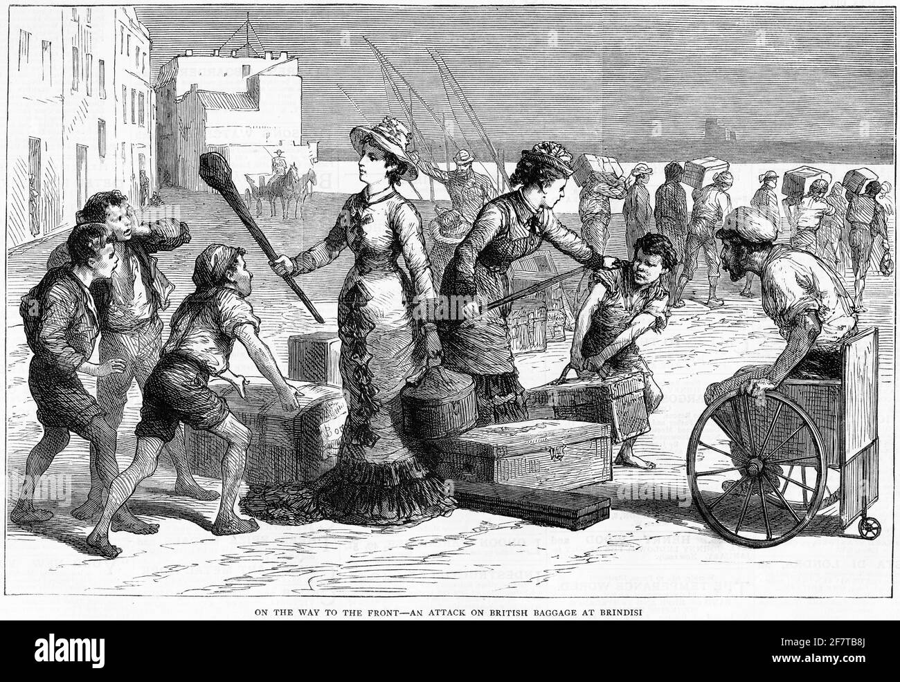 La gravure de quelques femmes anglaises qui combattent des garçons tente de les aider avec leurs bagages à Brindisi, une ville portuaire sur la mer Adriatique, alors qu'elles se rentraient dans la deuxième guerre anglo-afghane en 1879. Banque D'Images