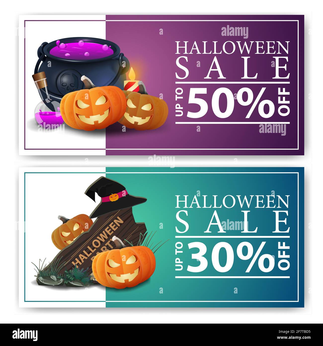 Vente d'Halloween, deux bannières de réduction avec enseigne en bois, chapeau de sorcière, pot de sorcière et citrouille Jack Banque D'Images