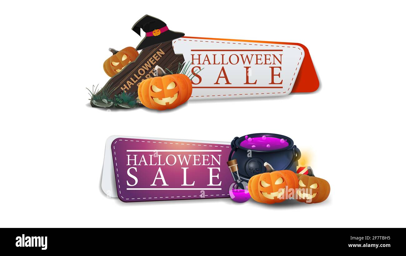 Vente d'Halloween, deux bannières à prix réduit cliquables avec enseigne en bois, chapeau de sorcière, pot de sorcière et citrouille Jack Banque D'Images