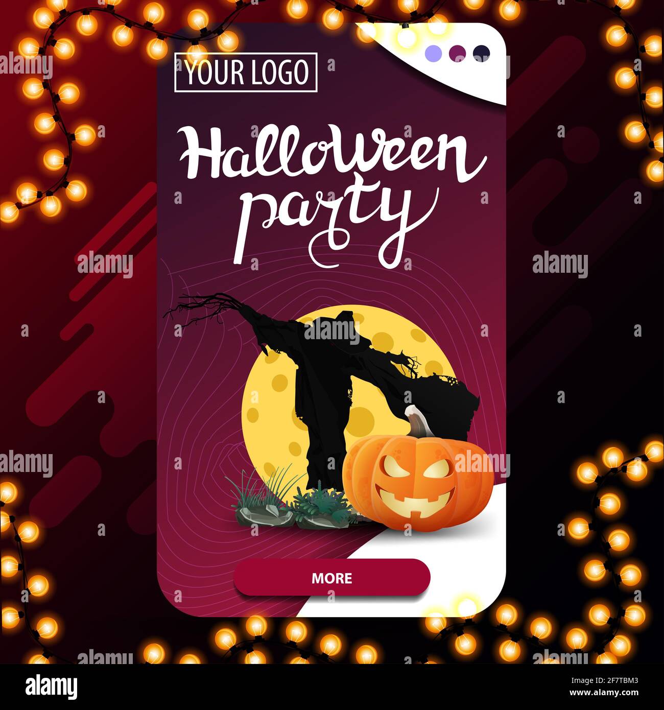 Fête d'Halloween, bannière d'invitation verticale moderne avec Scarecrow et citrouille Jack contre la lune Banque D'Images