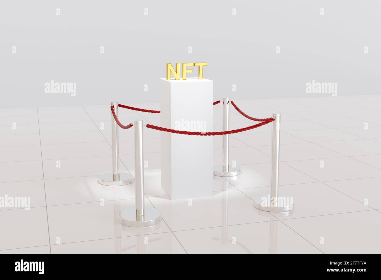 Plate-forme avec l'acronyme NFT en trois dimensions dans un musée. illustration 3d. Banque D'Images