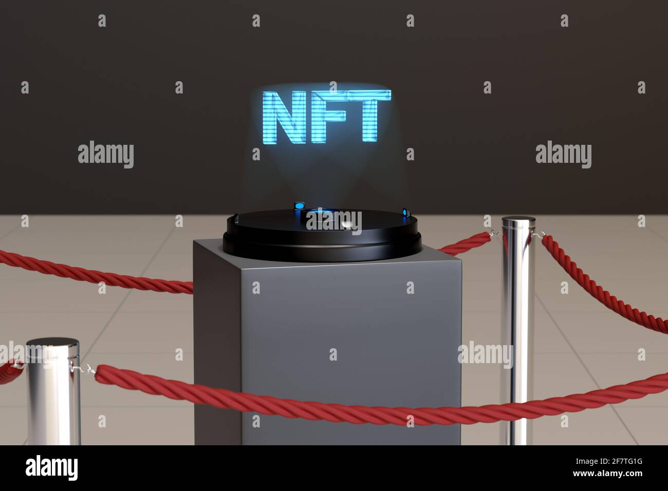 Hologramme du texte NFT dans une salle de musée. illustration 3d. Banque D'Images