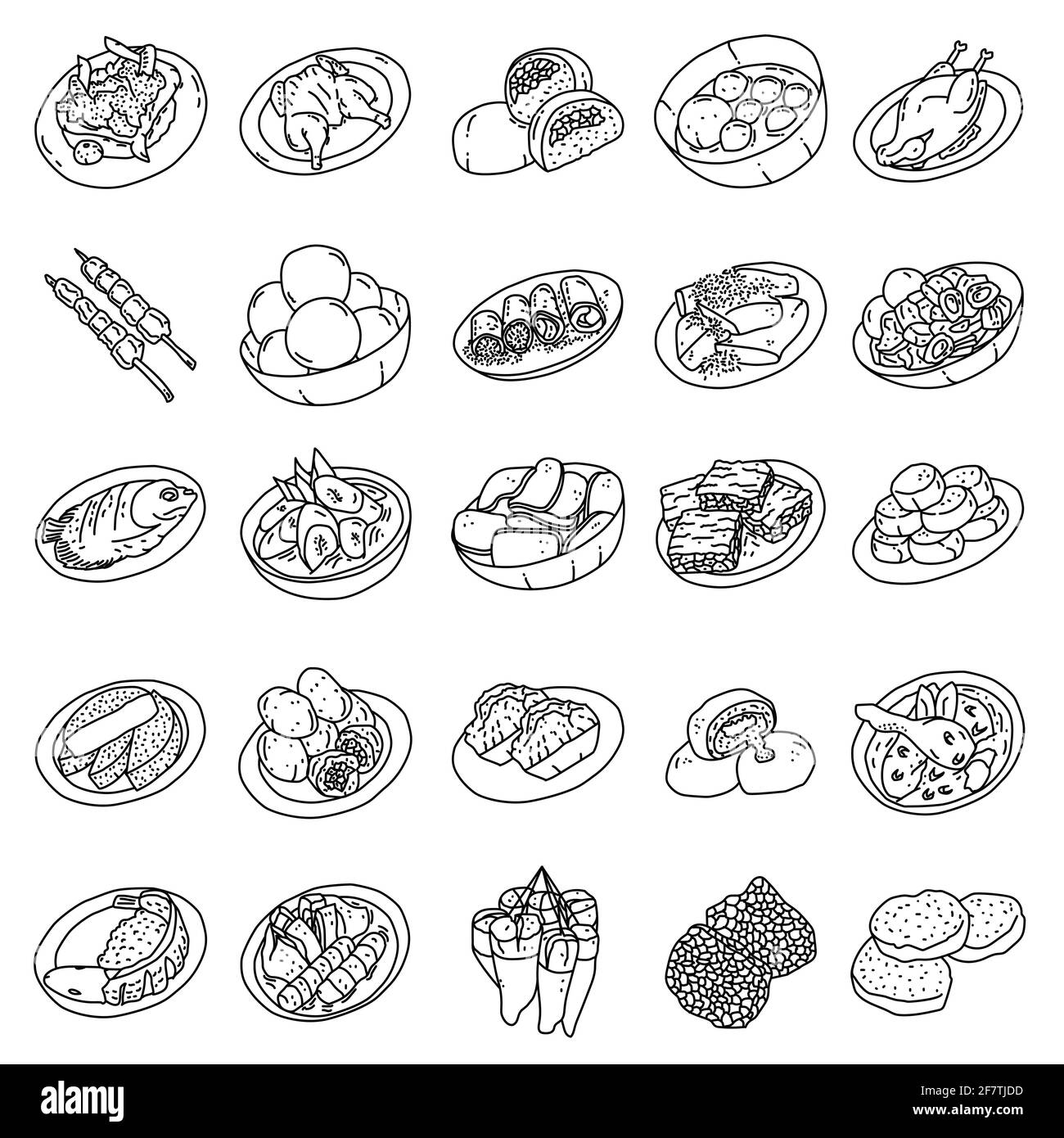 Jeu d'icônes de cuisine indonésienne célèbre dessiné à la main Vector. Illustration de Vecteur