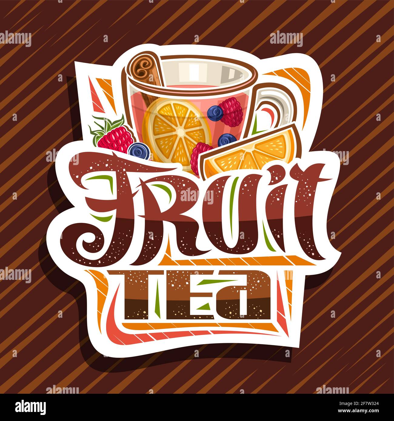 Logo vectoriel pour le thé aux fruits, panneau décoratif en papier découpé avec illustration d'un gobelet à thé transparent avec boisson rose, tranche d'orange et framboise avec feuilles, Illustration de Vecteur