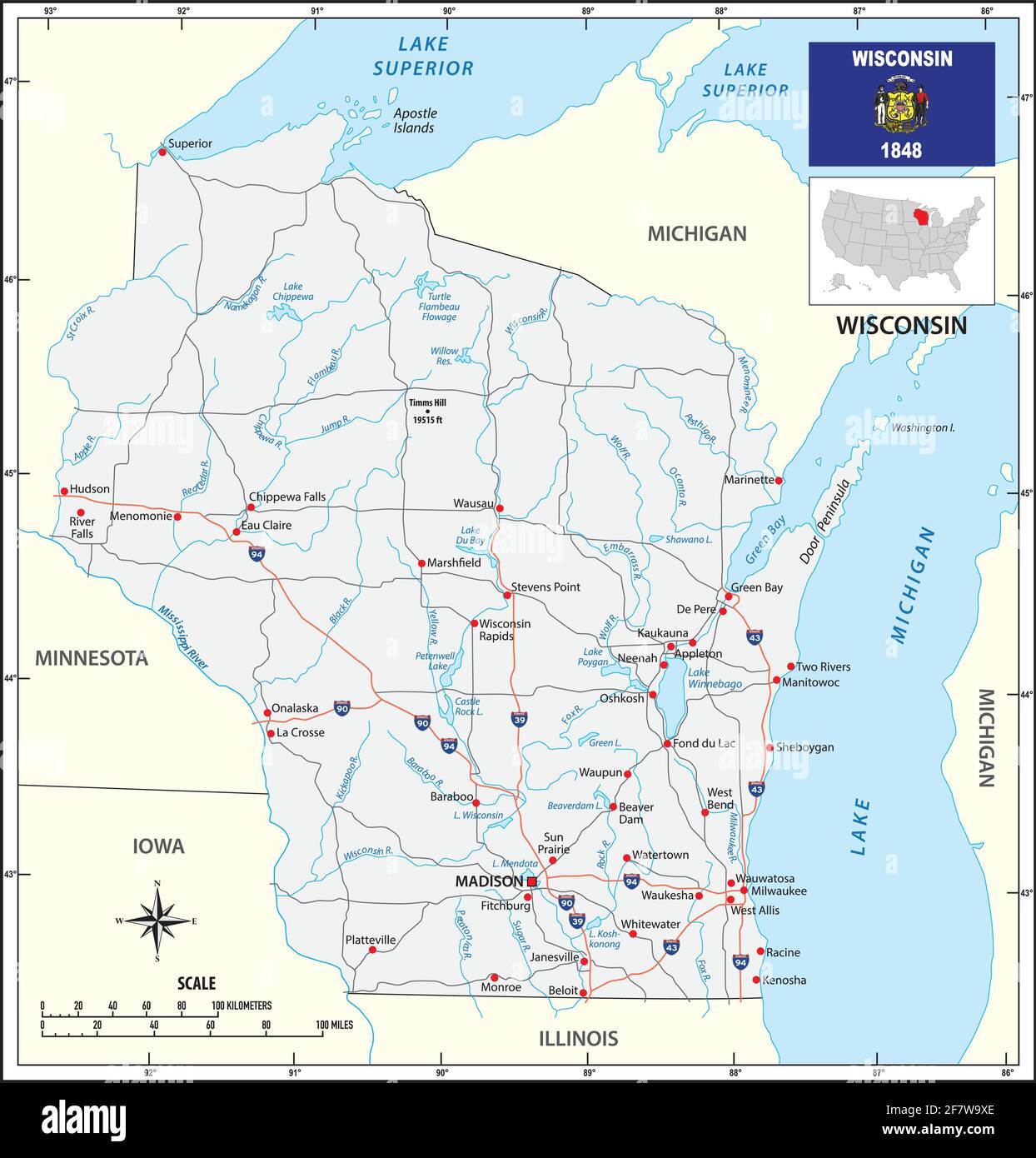 Carte routière de l'État américain du Wisconsin avec drapeau Illustration de Vecteur