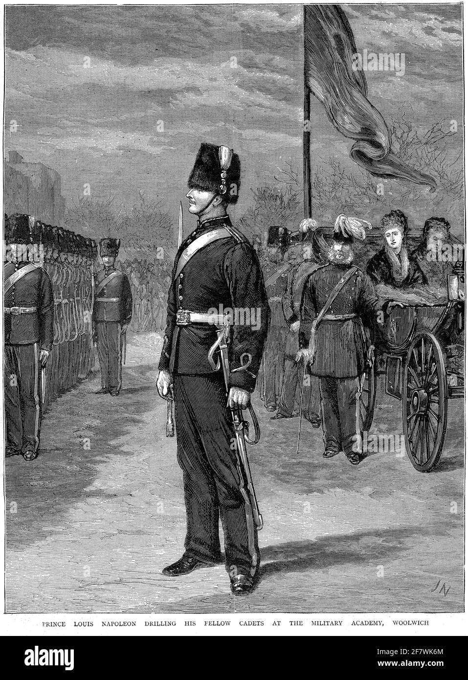 Gravure du prince Louis napoléon forant ses camarades cadets à l'Académie militaire de Woolwich, Angleterre vers 1879. Banque D'Images