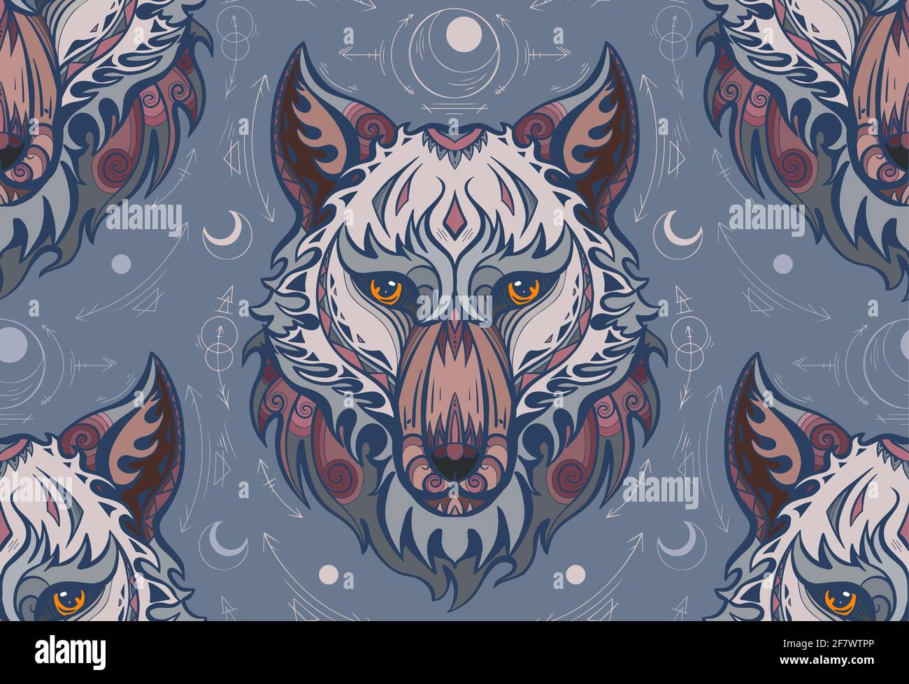 Têtes de loups multicolores avec décoration boho et symboles sacrés sur fond gris. Motif sans couture avec dessin tribal de contour des prédateurs. Illustration de Vecteur