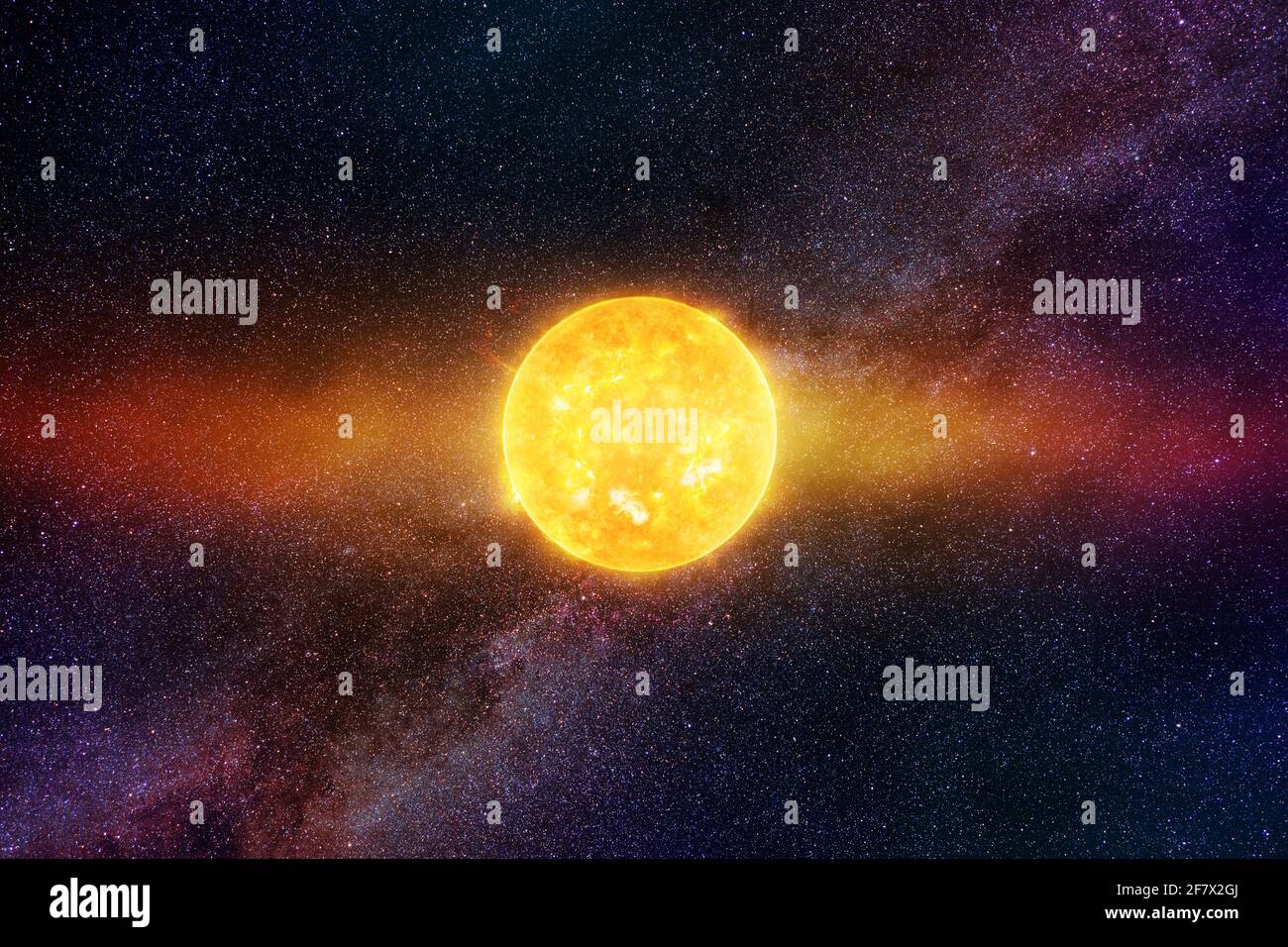 Soleil brillant contre ciel étoilé foncé et voie lactée dans le système solaire, éléments de cette image fournis par la NASA Banque D'Images