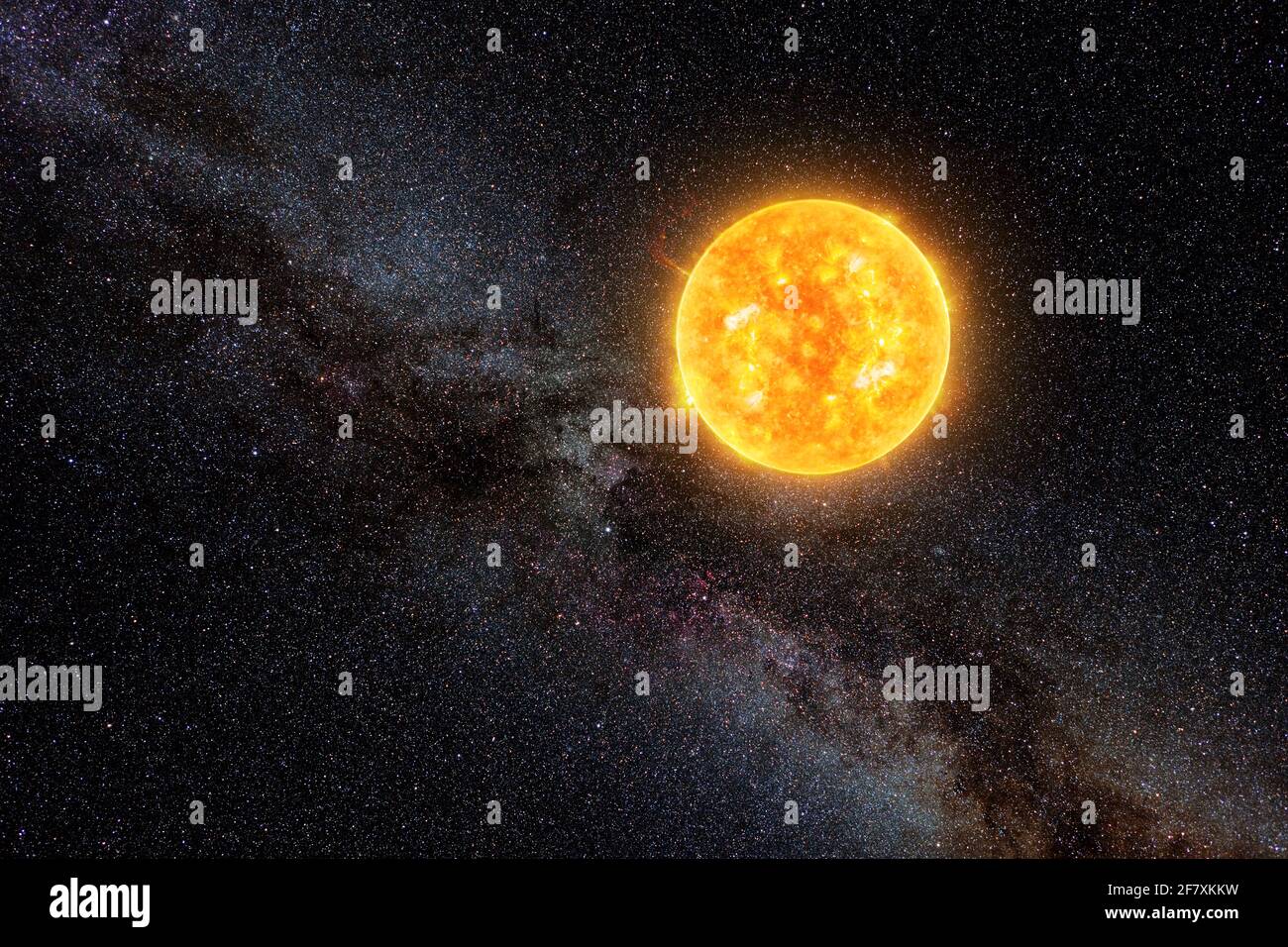 Soleil brillant contre ciel étoilé foncé et voie lactée dans le système solaire, éléments de cette image fournis par la NASA Banque D'Images