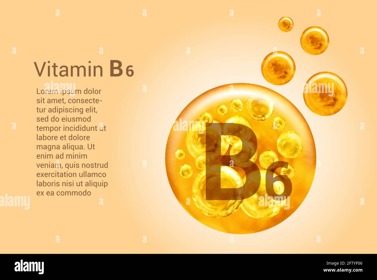 Vitamine B6. Baner avec des images vectorielles de boules dorées avec des bulles d'oxygène. Concept de santé. Illustration de Vecteur