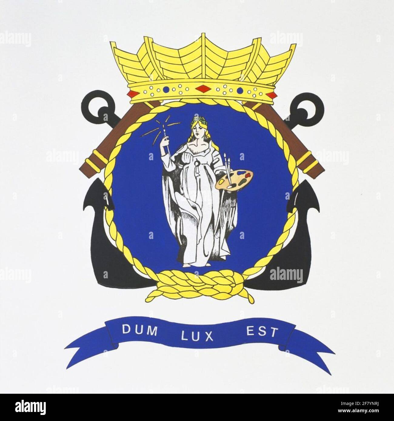 Service audiovisuel Royal Netherlands Marine (AVDKM). L'emblème représente les activités de l'AVDKM : la fabrication d'images et d'enregistrements sonores pour la Marine royale. L'emblème est dans ce logo sur les activités visuelles, pour lesquelles la lumière est indispensable. Emblème sort: DUM lux est (tant que la lumière est). Banque D'Images