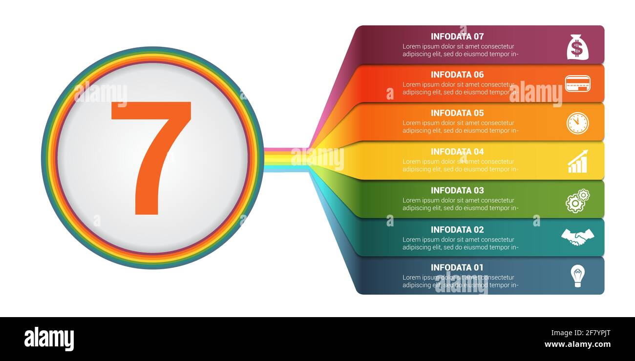 Infographies de modèle 7 positions. Bandes colorées numérotées avec Prospect. Infographie. Illustration de Vecteur