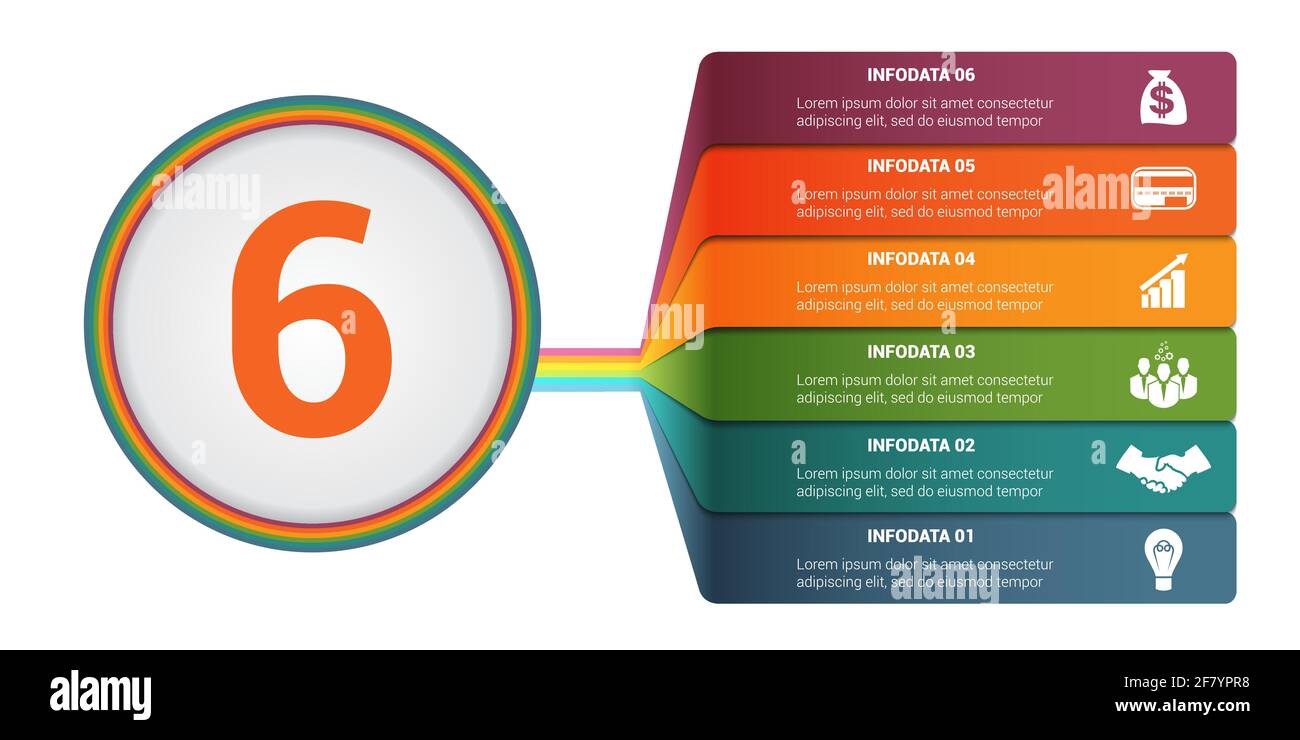 Infographies de modèle 6 positions. Bandes colorées numérotées avec Prospect. Infographie. Illustration de Vecteur