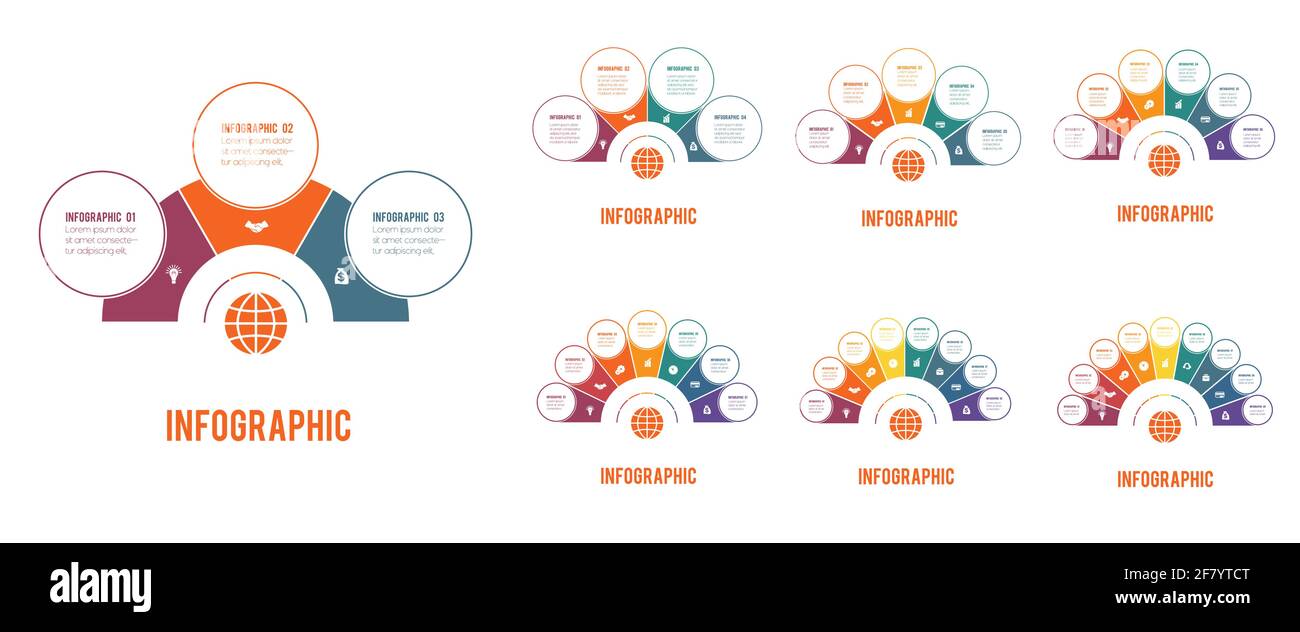 Infographies. Modèles d'infographie. Trois quatre cinq six sept huit neuf positions pour l'information textuelle. Illustration de Vecteur