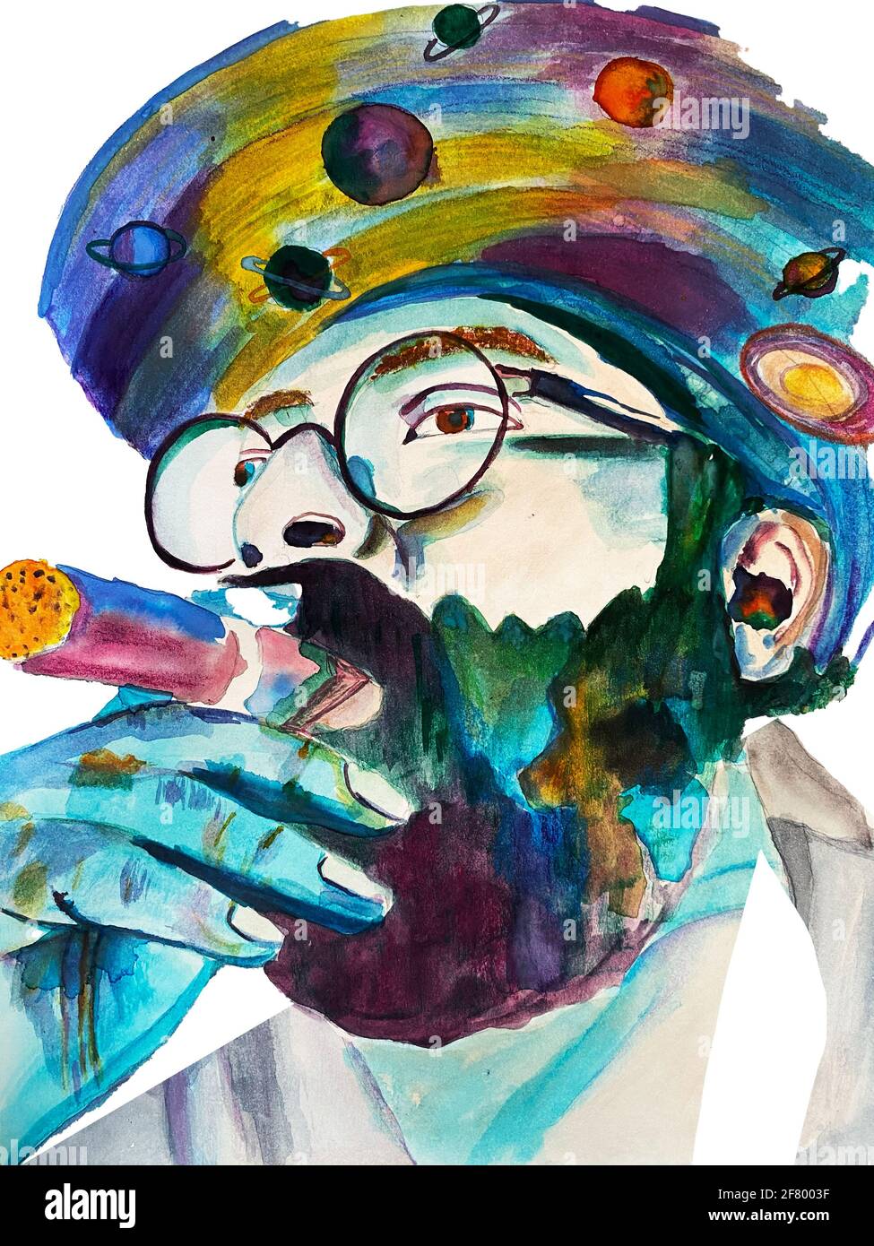 homme avec barbe et chapeau et galaxie à l'aquarelle Banque D'Images