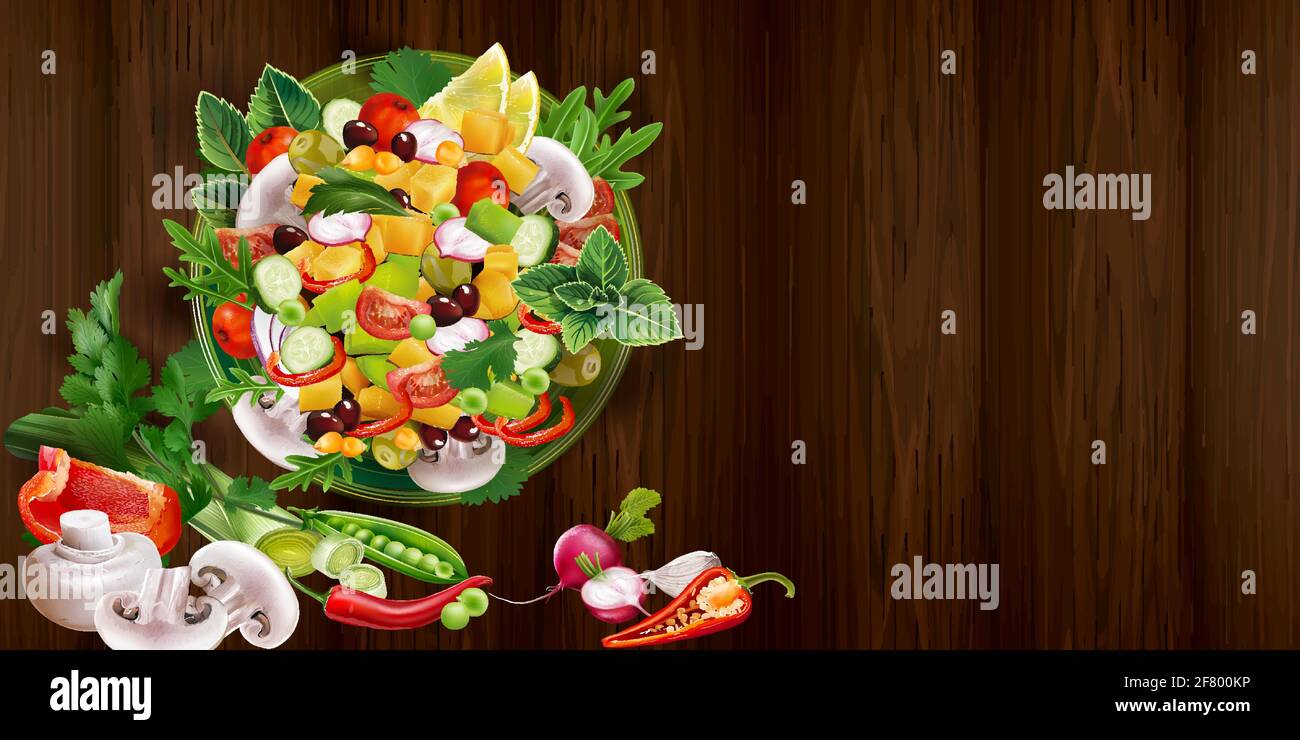 Salade de légumes aux champagnes sur une table en bois. Illustration de Vecteur