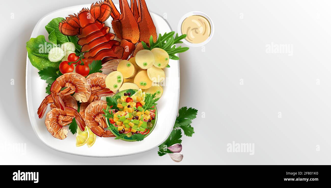 Homard et crevettes avec légumes sur une assiette blanche. Illustration de Vecteur