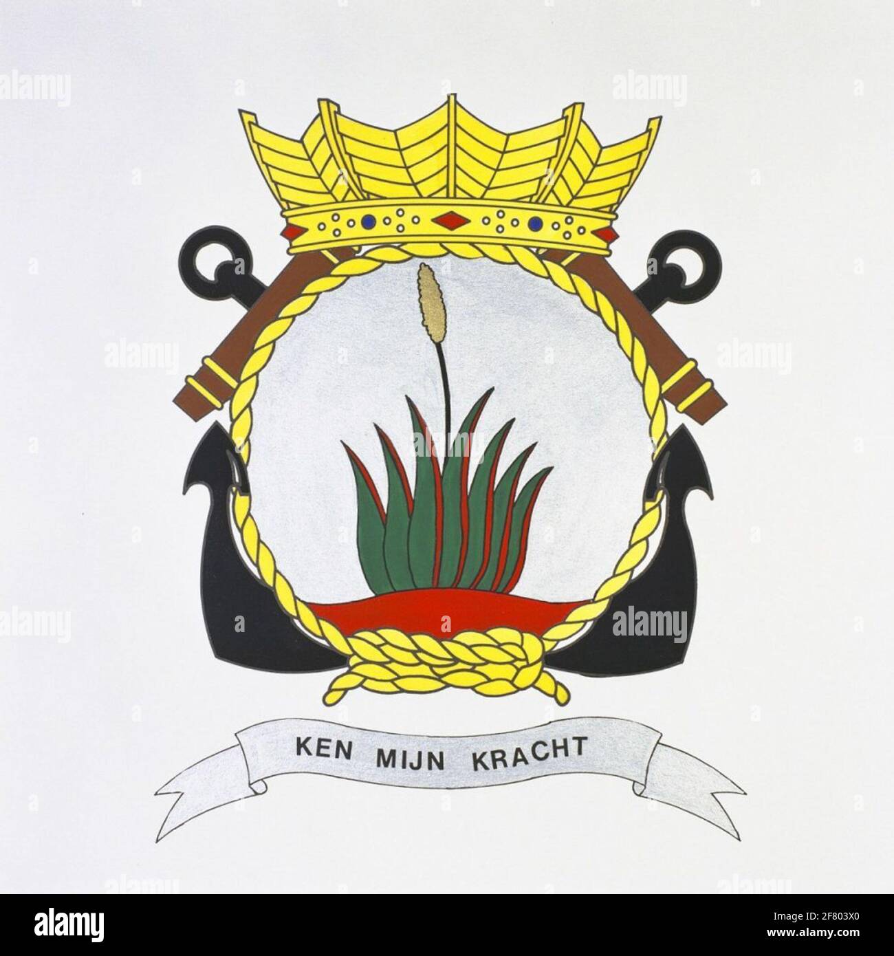 Marinierskazerne savaneta. En 1970, ils ont été conçus à l'Institut d'histoire maritime Emblems pour les casernes marines d'Antillais et la base navale et ils ont opté pour des attributs typiques d'Antillais. L'Aloe est une plante commune à Aruba, où se trouve Savaneta, qui est utilisée à des fins médicinales, entre autres. Le sort sait que mon pouvoir se réfère aussi à cette utilisation et est également applicable à la partie du corps dans cette caserne. Banque D'Images