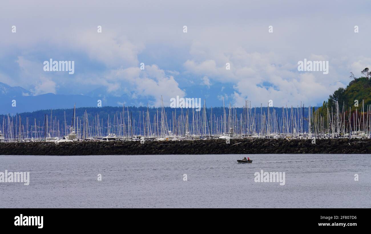 Beaucoup de bateaux amarrés par la côte de Seattle à Washington, Etats-Unis, avec la montagne loin awau et ciel nuageux au-dessus, un petit bateau à vitesse traversant en face. Banque D'Images
