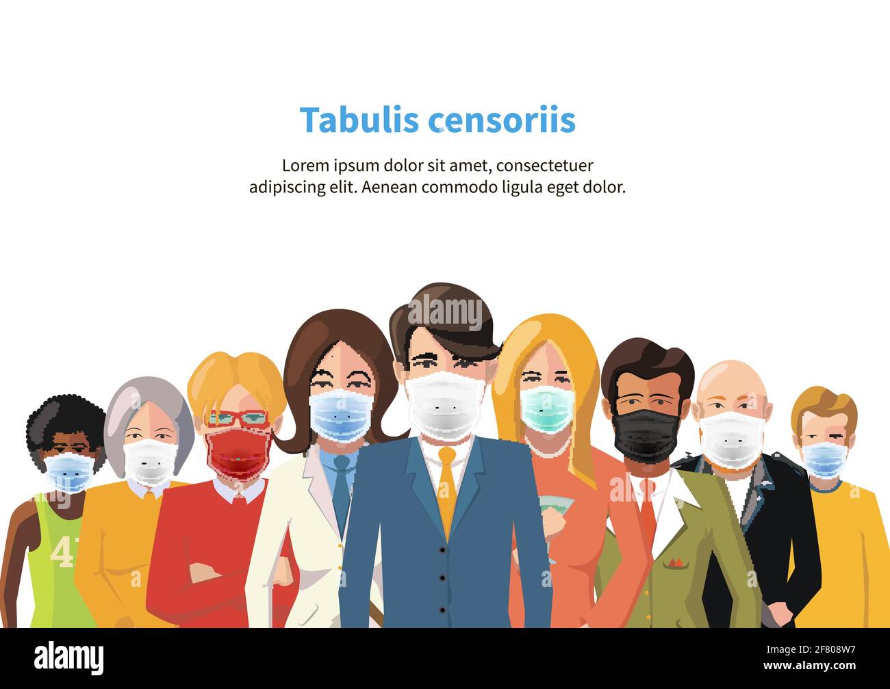 Équipe internationale de commerce porter des masques pour protéger de COVID sur blanc, concept horizontal plat illustration format a4 avec modèle de texte Illustration de Vecteur